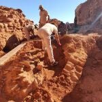 Expertos trabajan en el lugar donde se han localizado los restos de la gran Iglesia de los Caballeros de Santiago en el Castillo de Montiel