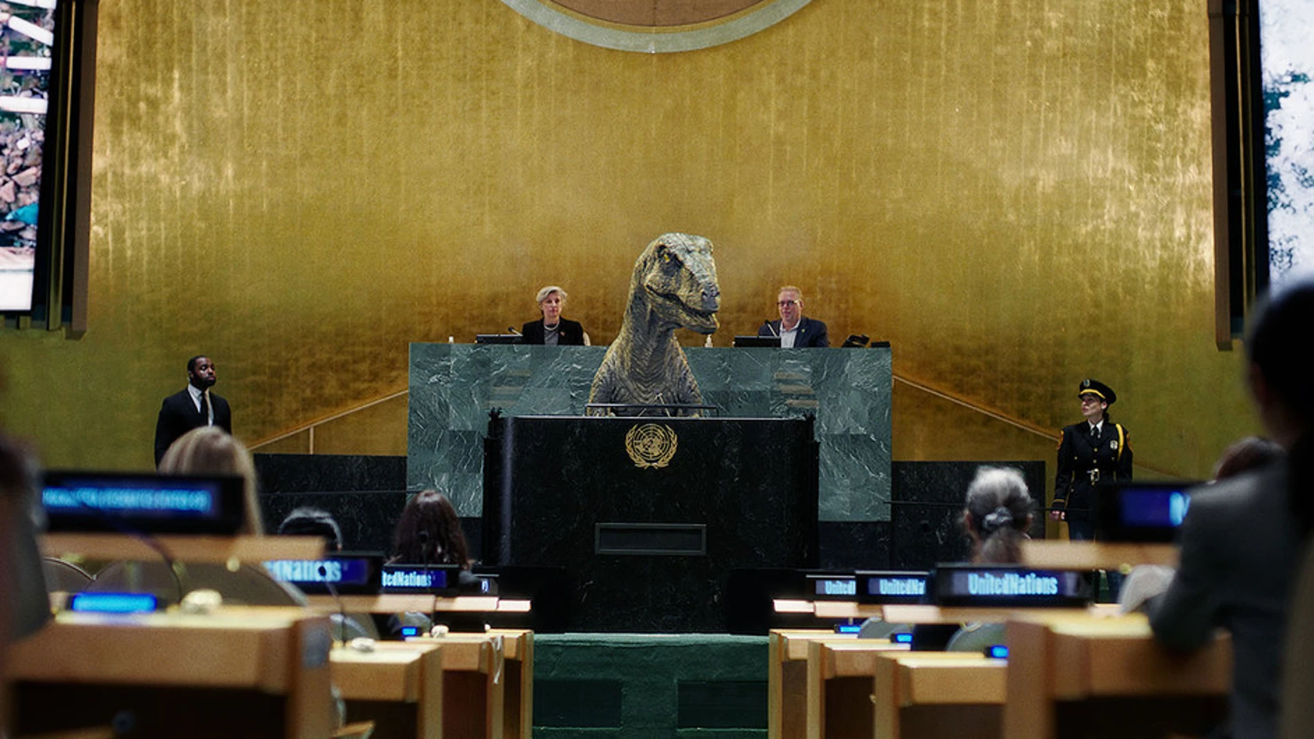 Una imagen del vídeo de la ONU con un dinosaurio en la asamblea general de Naciones Unidas