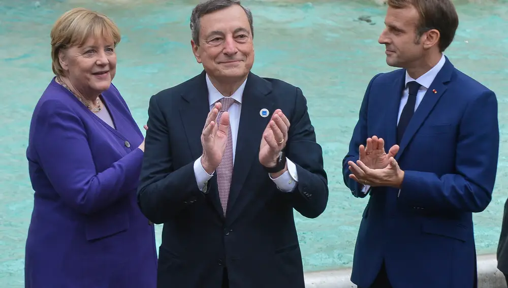 La canciller alemana, Angela Merkel; el primer ministro italiano, Mario Draghi, y el presidente francés, Emmanuel Macron31/10/2021