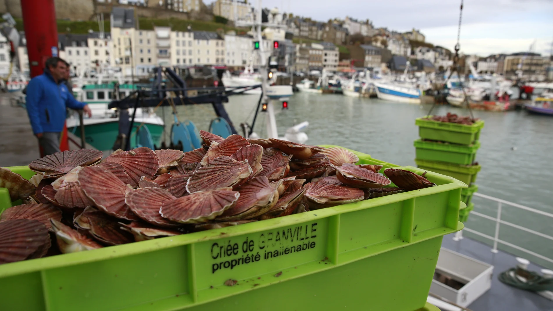 Cajas con la captura pescada en aguas británicas en el puerto de Granville (Normandía)