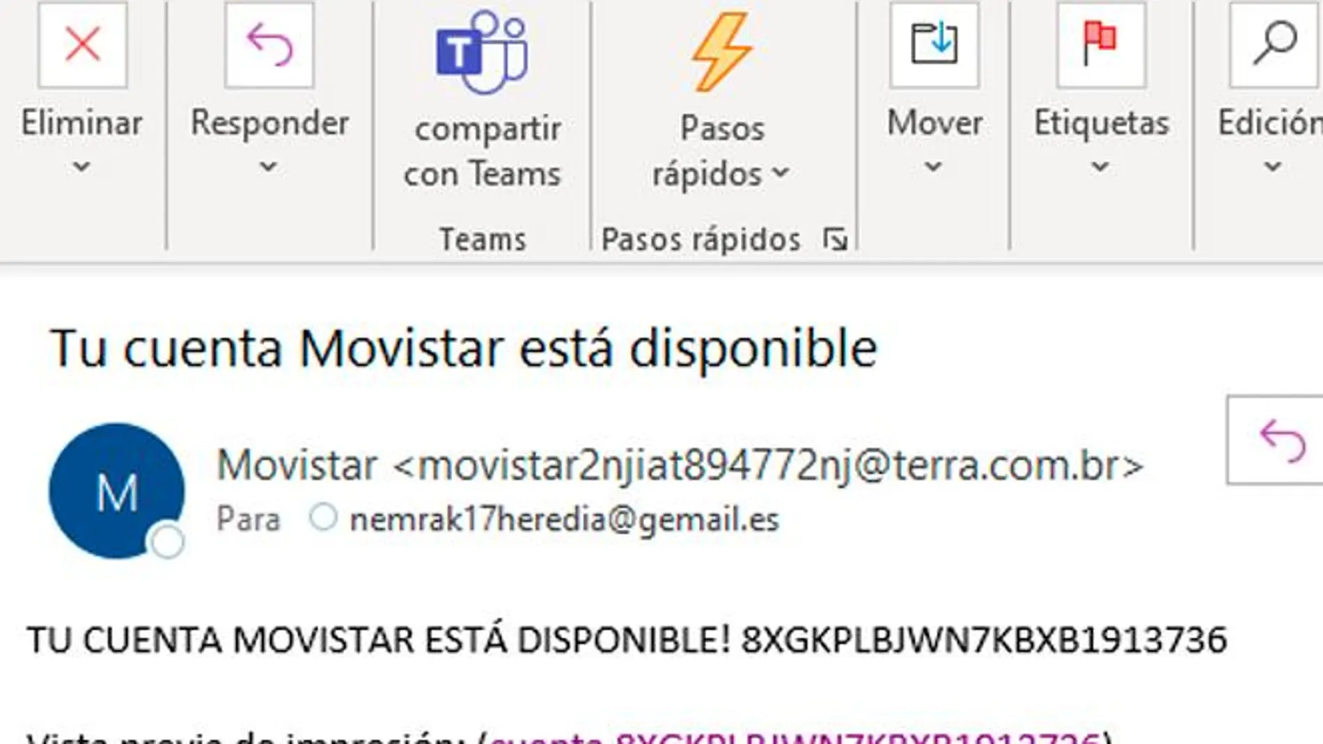 Imagen del correo "phising" que están recibiendo algunos clientes de Movistar desde hace diez días.