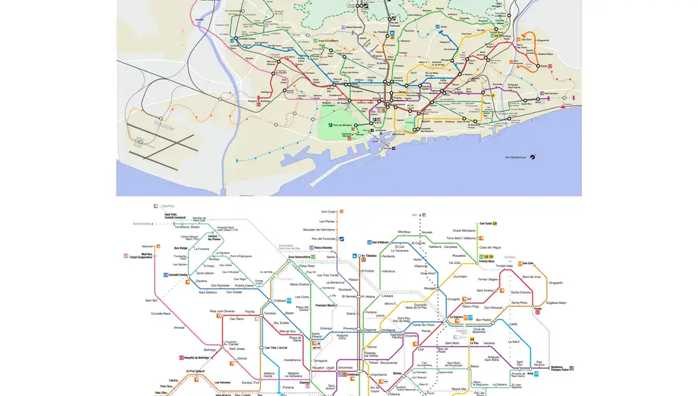 Mapas del metro de Barcelona. Arriba, respetando la ubicación relativa real de las estaciones. Abajo, representación habitual que cambia la ubicación relativa de las estaciones.
