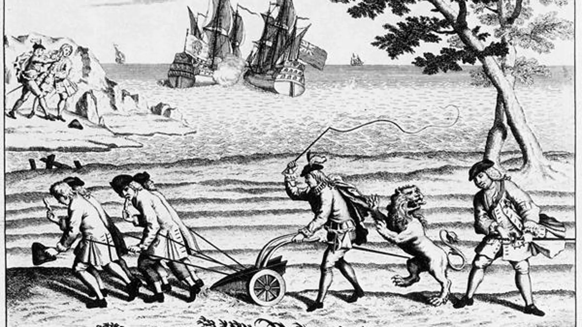Sátira británica de 1738 en la que aparece el león inglés atacando un arado tirado por esclavos que representa el sistema colonial español. Al fondo se puede ver a Fandiño cortándole la oreja a Jenkins y a un barco británico en plena batalla con uno español.