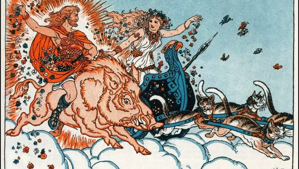 Freyr y su hermana Freyja, dioses de la fertilidad, sembrando la primavera desde el cielo.