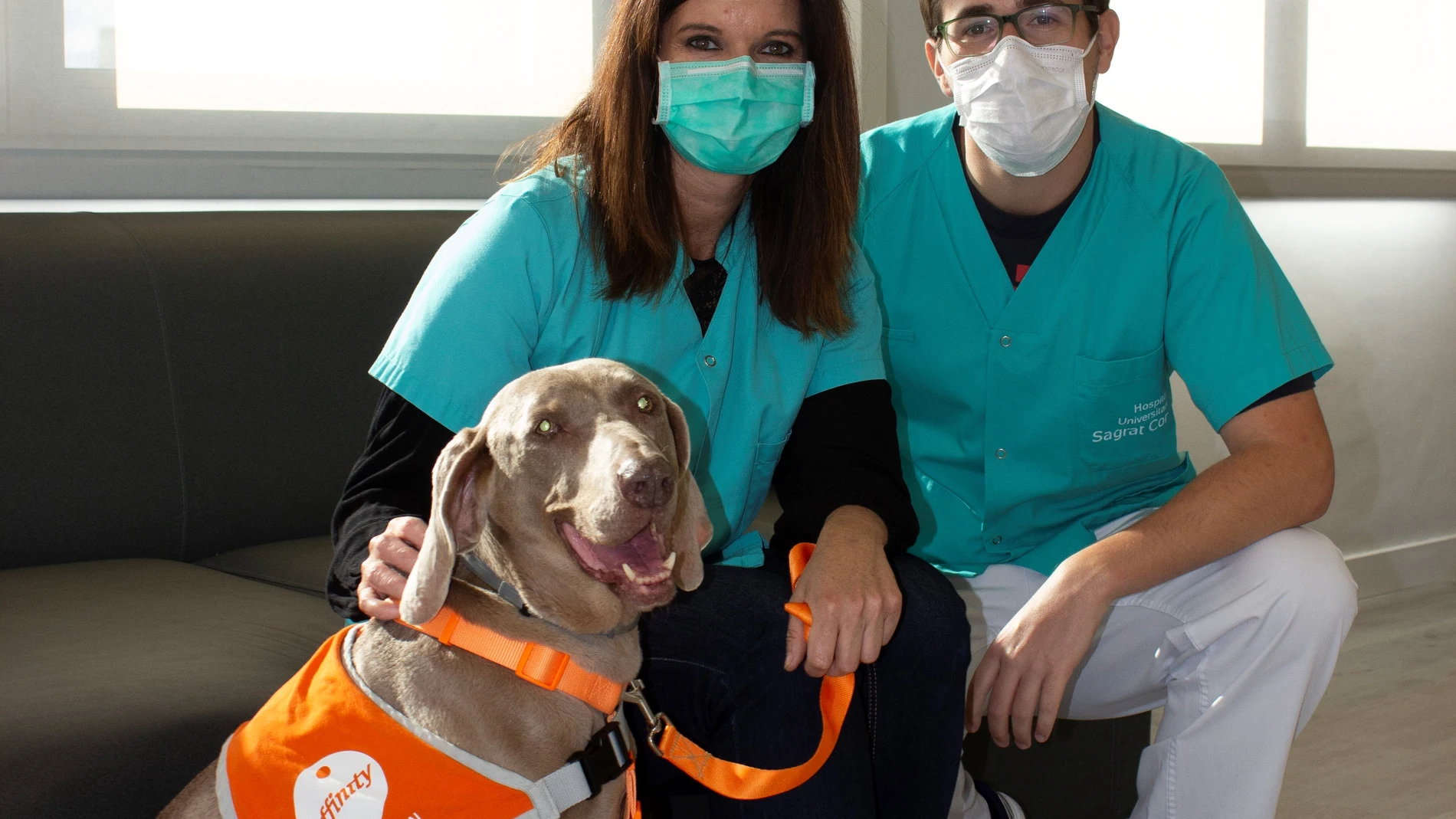Montse Cantero y David Pérez Cruz con uno de los perros de la Fundación Affinity