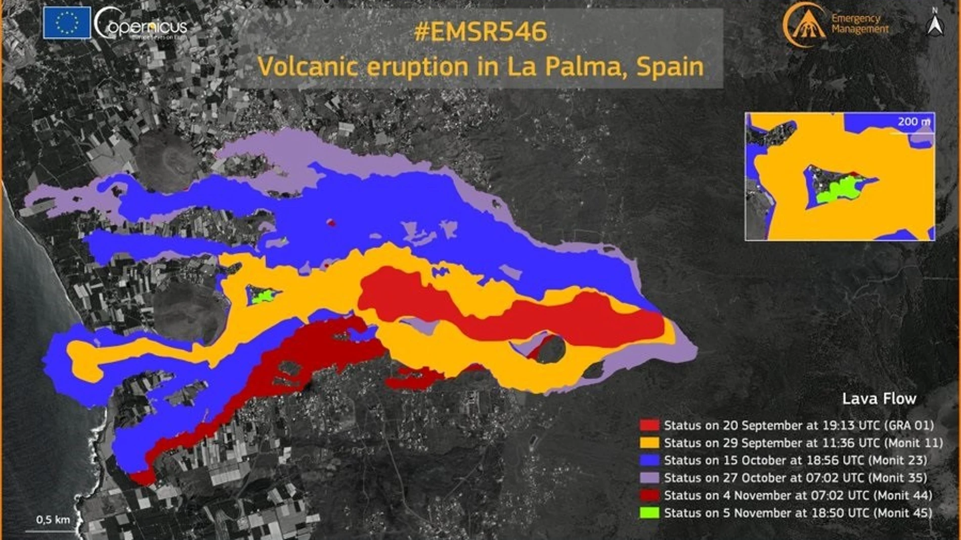 Copernicus actualiza el monitoreo en la zona del volcán, que afecta ya a 992,4 hectáreas y 2.719 edificaciones