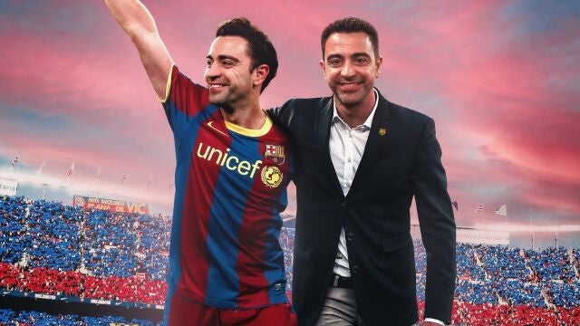 Montaje con el que el Barça dio la bienvenida como nuevo técnico a Xavi Hernández