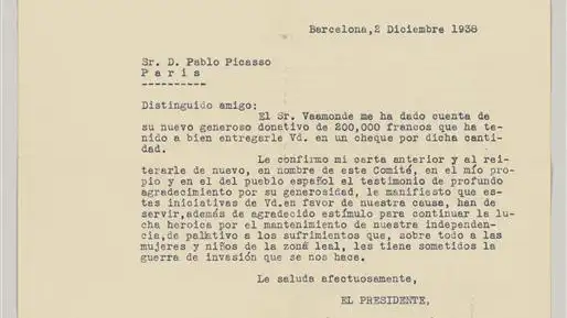Carta de Diego Martínez Barrio a Picasso