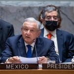 El presidente de México, Andrés Manuel López Obrador, durante una interveción ante el Consejo de Seguridad de Naciones UnidasUN PHOTO/ESKINDER DEBEBE09/11/2021