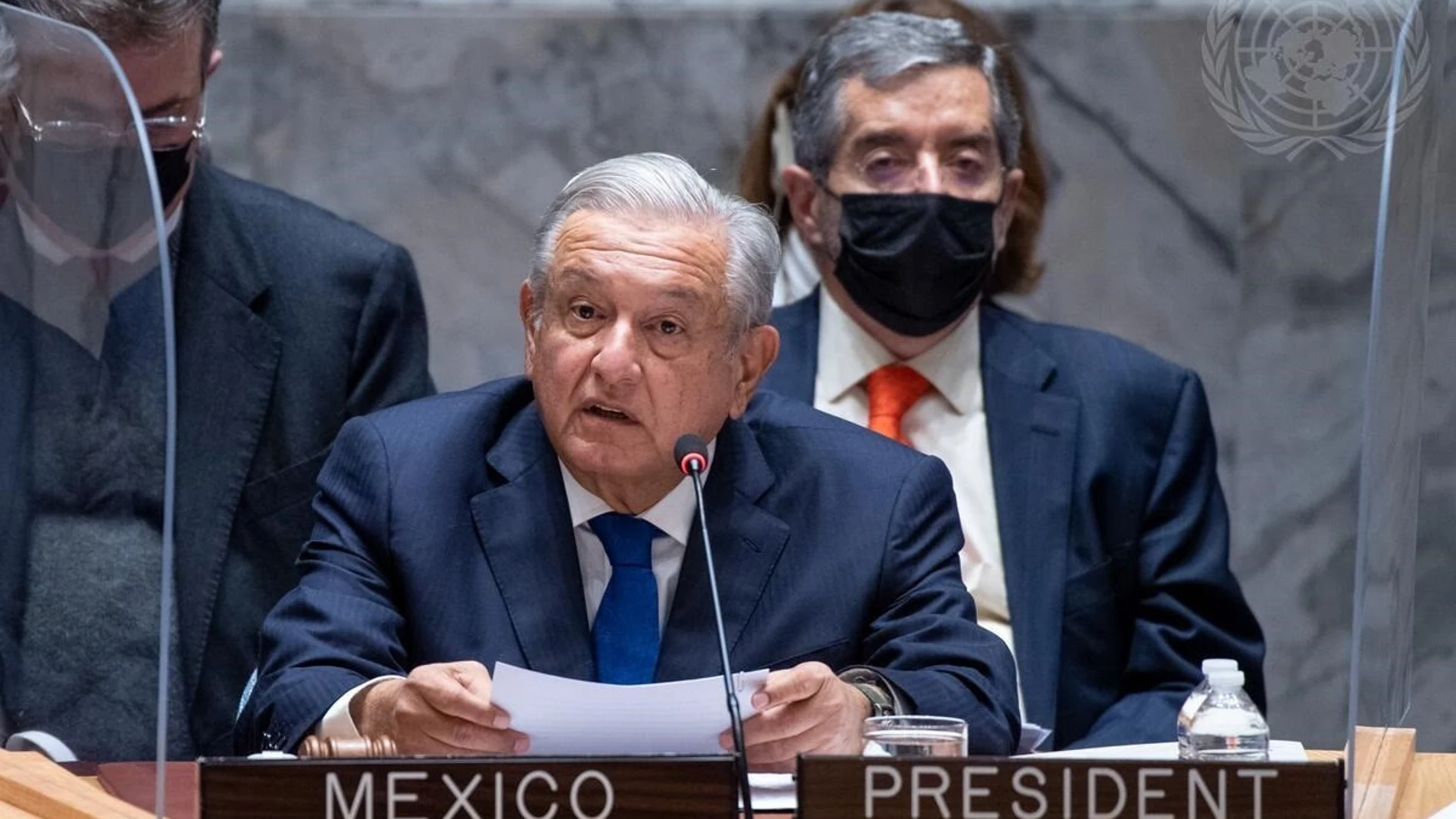 El presidente de México, Andrés Manuel López Obrador, durante una interveción ante el Consejo de Seguridad de Naciones UnidasUN PHOTO/ESKINDER DEBEBE09/11/2021