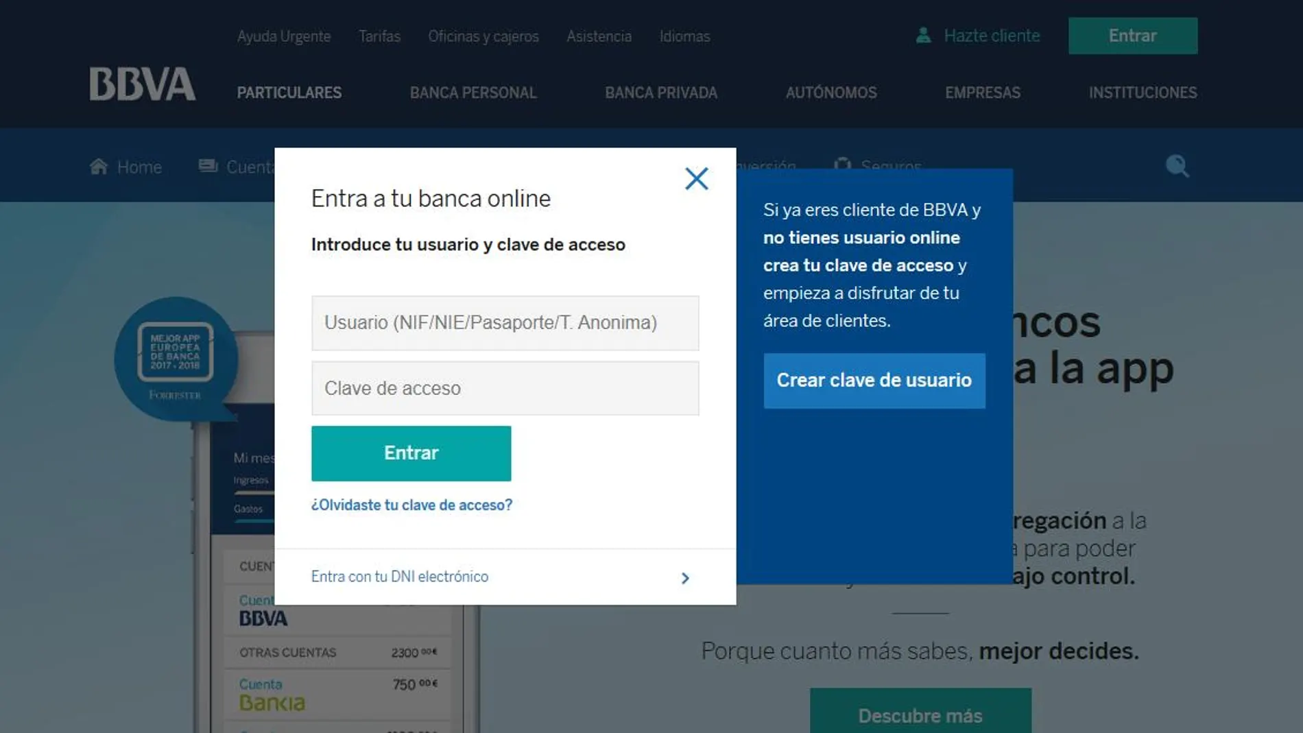 Imagen de la web falsa que suplanta la identidad del BBVA para obtener las credenciales bancarias del usuario.