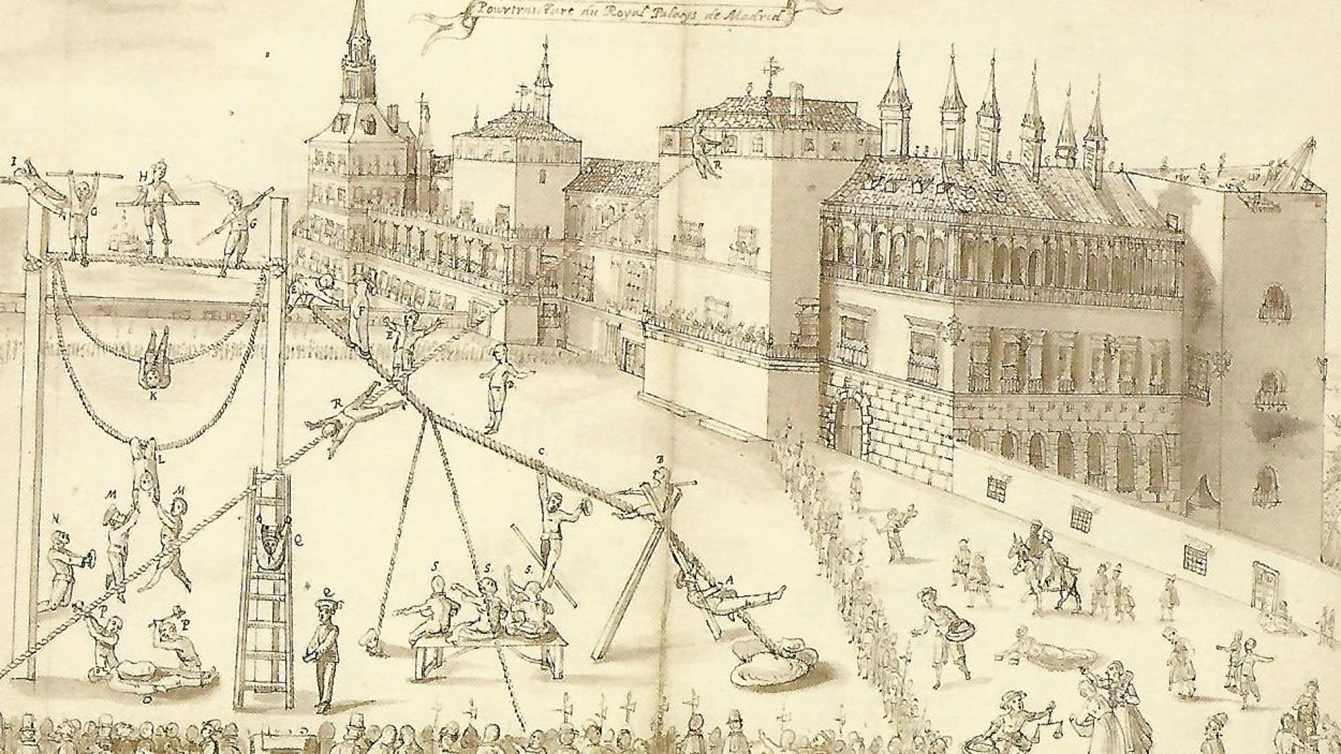 La plaza delantera del alcázar de Madrid, a finales del siglo XVI, con sus saltimbanquis, mendigos y la guardia real. Jean Lhermite, Pasatiempos
