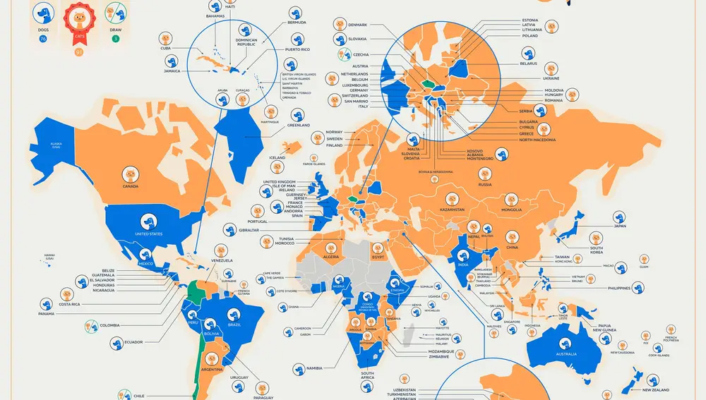 Mapa del mundo con la preferencia hacia perros (azul) o hacia gatos (naranja). Foto: Budget Direct Pet Insurance