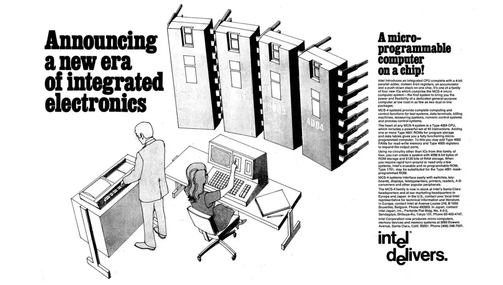 Publicidad del Intel 4004 de princpios de los años 70.
