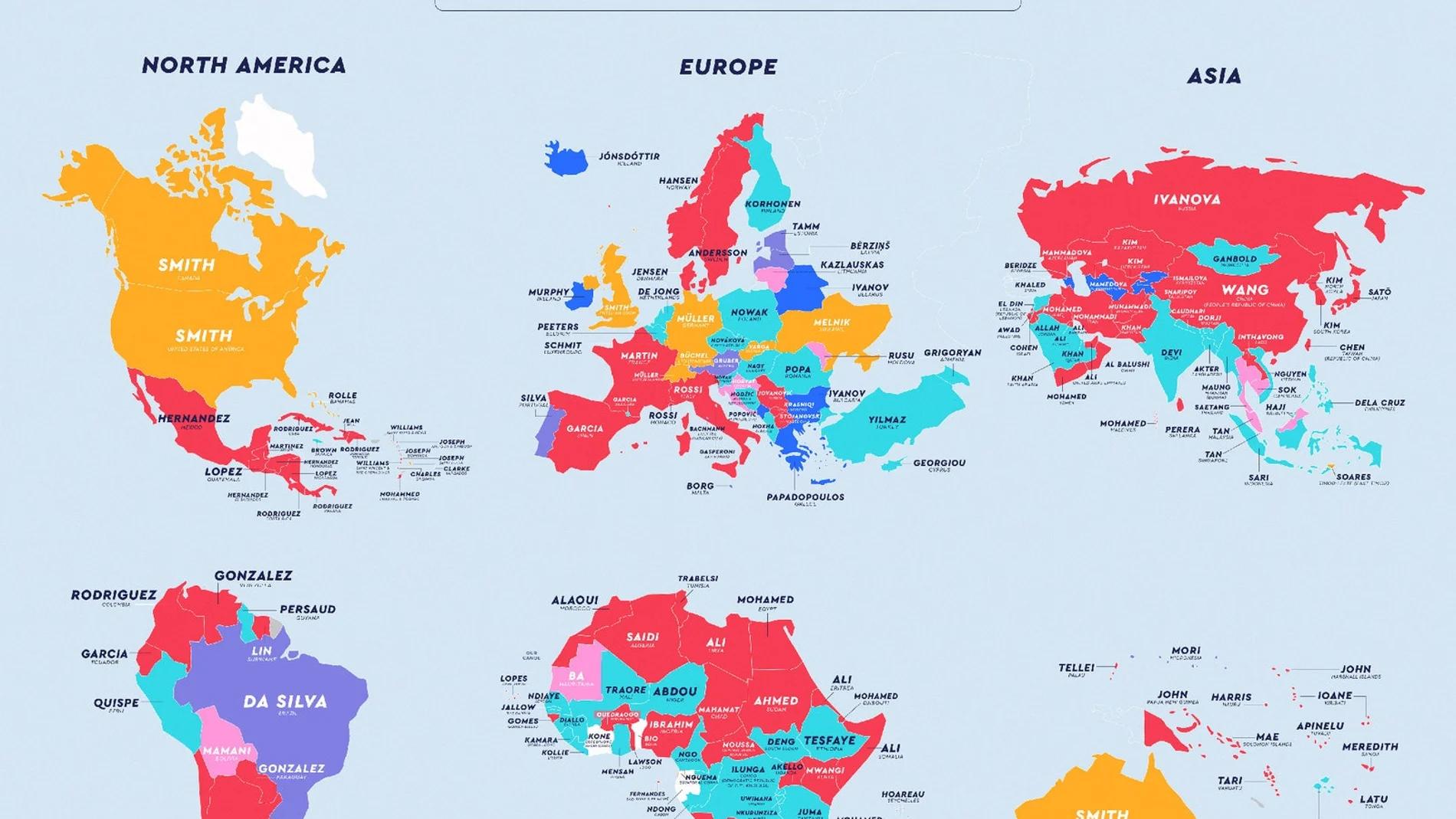 Mapa general de los apellidos más comunes en cada país