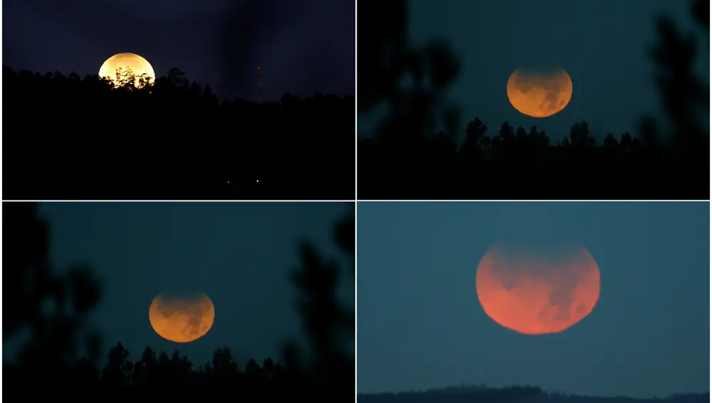 Combo con varias imágenes de la Luna sobre las montañas de Ferrol en la madrugada de ese viernes, con un color rojizo y la sombra de la tierra en su parte superior.