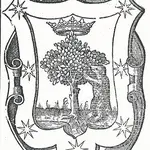 El escudo de Madrid, según López de Hoyos en 1569: La "osa" y el madroño; la corona real cuyo uso concedió Carlos V en 1544; y "las siete estrellas que en el cielo llamamos el carro", en una bordura de azul