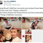 Tuit de un periodista chino con fotos supuestamente recientes de Shuai Peng