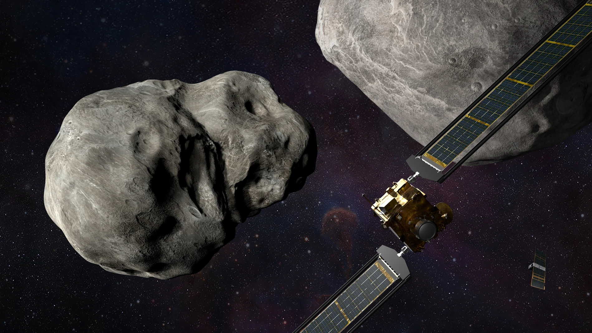 Fotografía cedida por la NASA donde se aprecia una ilustración de la nave de Prueba de Redireccionamiento del Asteroide Doble (DART) y el LICIACube de la Agencia Espacial Italiana (ASI) en el espacio momento antes del impacto en el sistema binario Didymos.