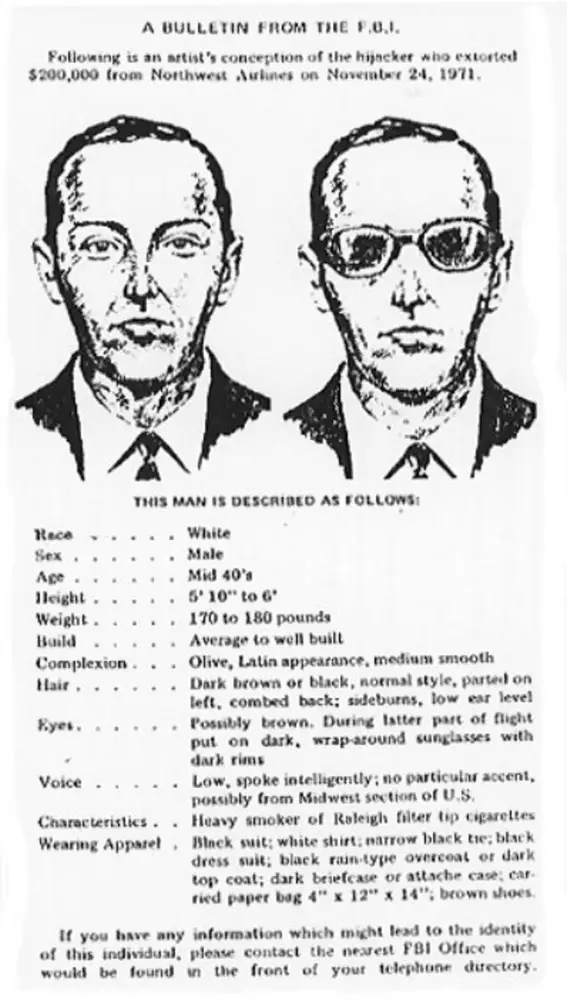 Cartel del FBI con el retrato robot y la descripción de DB Cooper