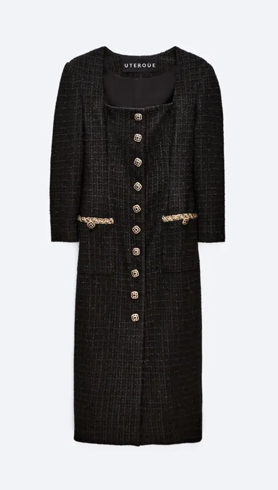 Vestido de tweed con detalle de botones joya, de Uterqüe