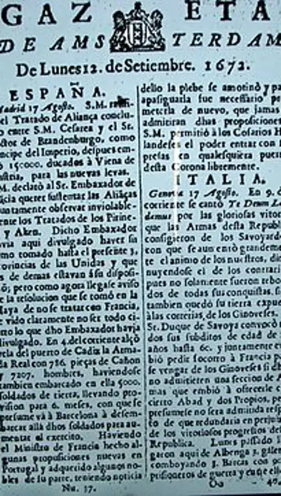 Gazeta de Ámsterdam, Países Bajos, 12 de septiembre de 1672. Los hebreos de Ámsterdam imprimían un periódico que muestra, en primera plana, el interés de la comunidad judía por lo que sucedía en ese entonces en Madrid y, leía además las noticias en español—después de 180 años de haber sido expulsada de España (1492; Beth Hatefutsoth).