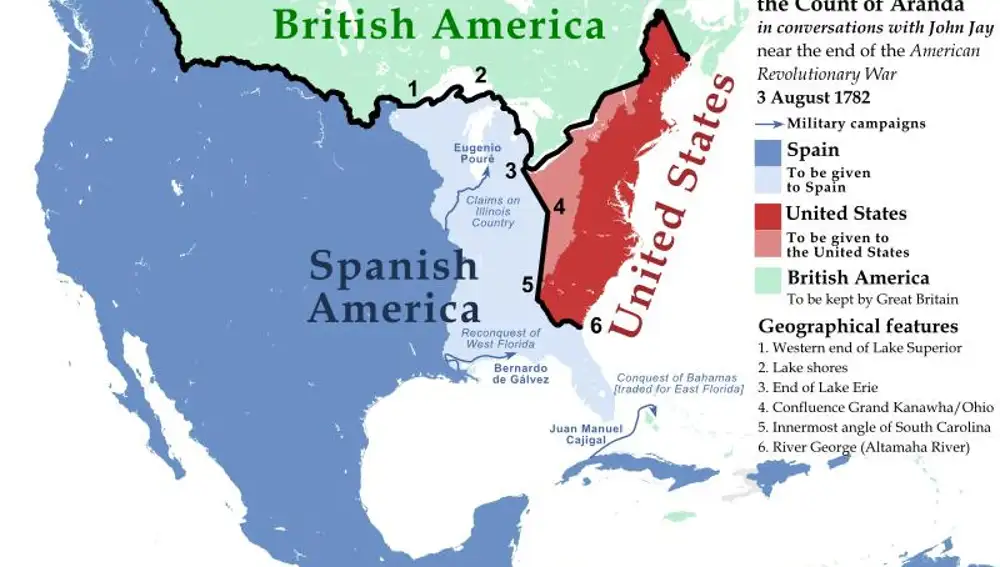 Fronteras de Norteamérica propuestas por el Conde de Aranda en conversaciones con John Jay acerca del final de la Guerra de Independencia de los Estados Unidos, 3 de agosto de 1782