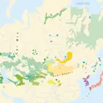 En este mapa podemos ver la distribución actual de las lenguas transeurasiáticas. En gamas de verde, las lenguas turcas; en gamas de amarillo/naranja, las lenguas mongolas; en gamas de azul, las tunguses; en violeta las lenguas coreánicas y en rojo las japónicas.