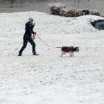 Una mujer pasea con su perro bajo la nieve caída en Castilla y León