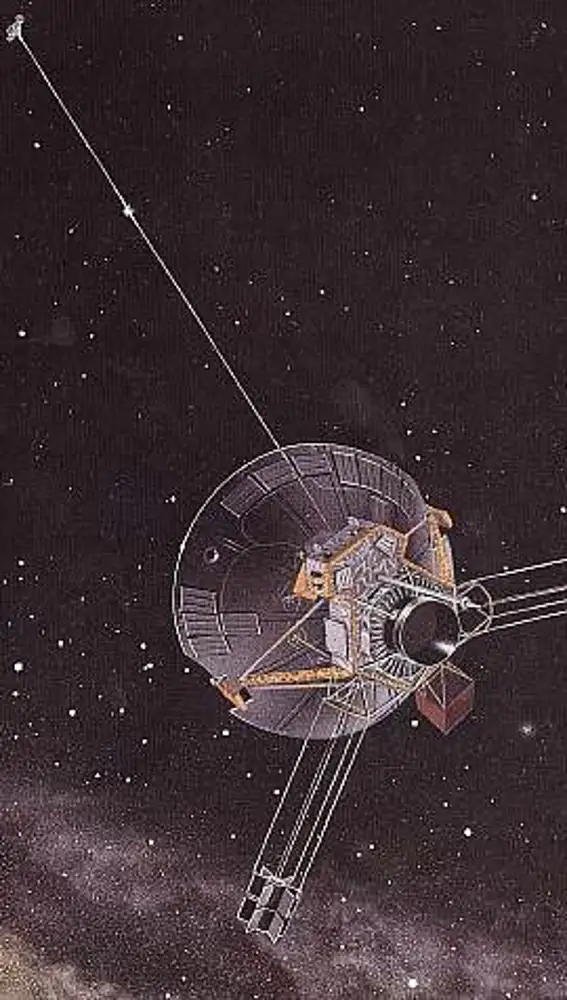Recreación artística de la Pioneer 11 a millones de kilómetros de la Tierra.