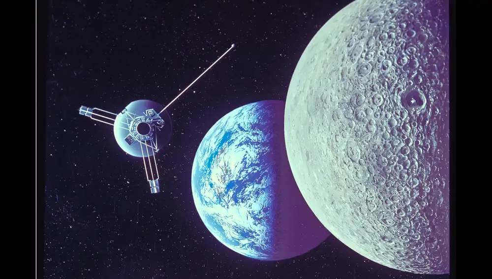 Recreación artística de la Pioneer 10 al inicio de su viaje, con la Tierra al fondo.