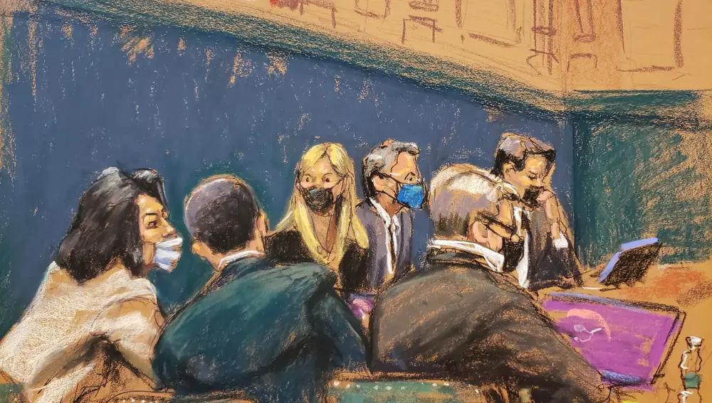 Ghislaine Maxwell sits with her defense lawyers at the start of her trial on charges of sex trafficking, in a courtroom sketch in New York City, U.S., November 29, 2021. REUTERS/Jane Rosenberg