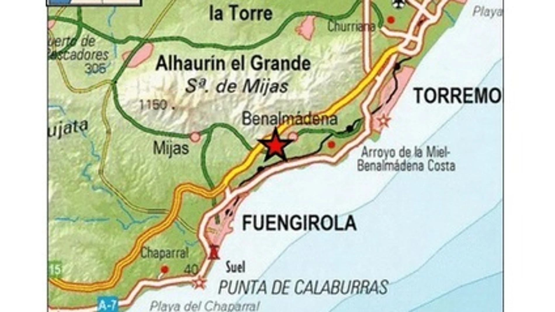 Zona donde se ha registrado un terremoto de magnitud 4,1 con epicentro en Benalmádena (Málaga)