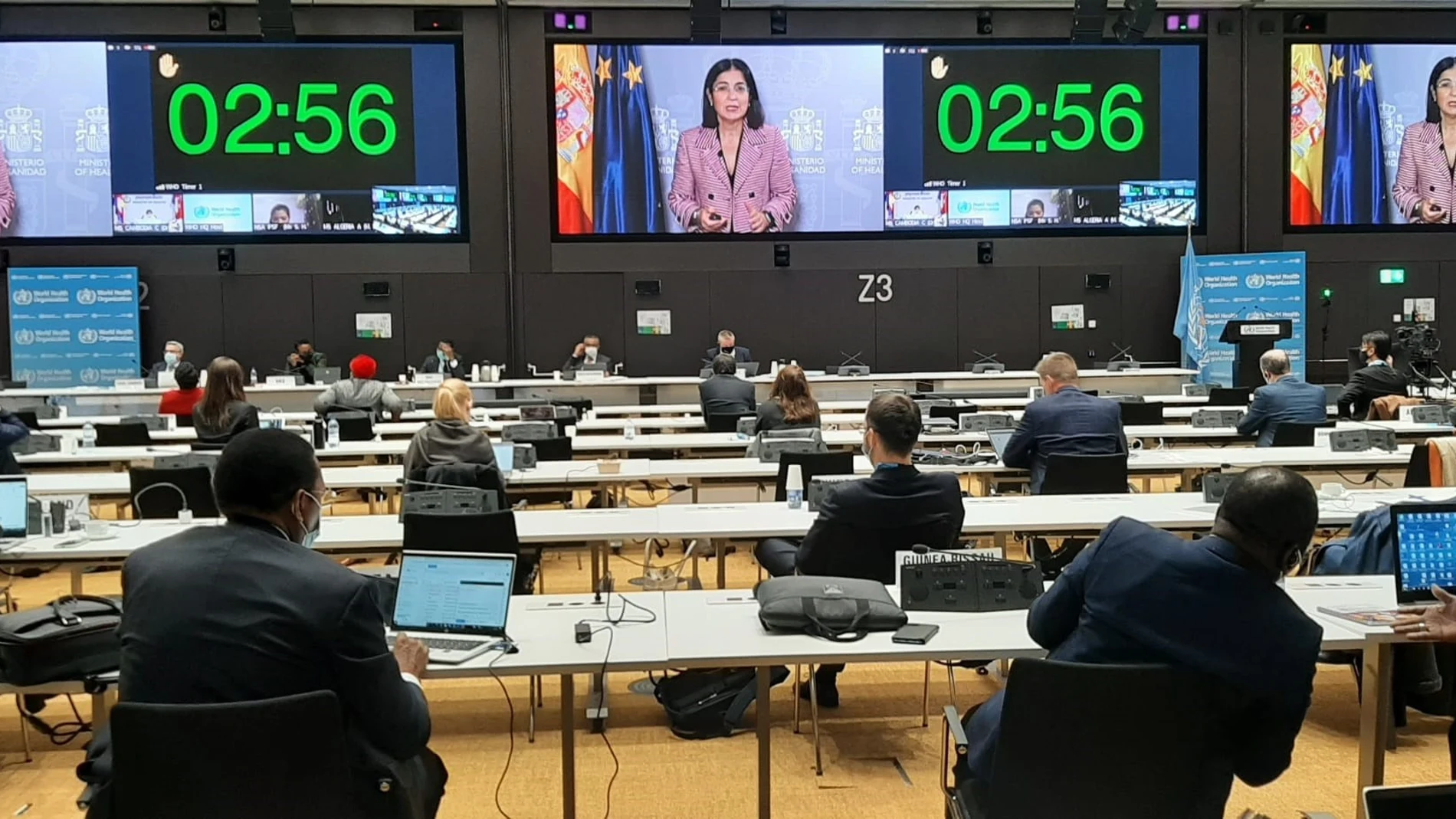 La ministra de Sanidad, Carolina Darias, durante su intervención en la Asamblea Extraordinaria de la Organización Mundial de la Salud (OMS)