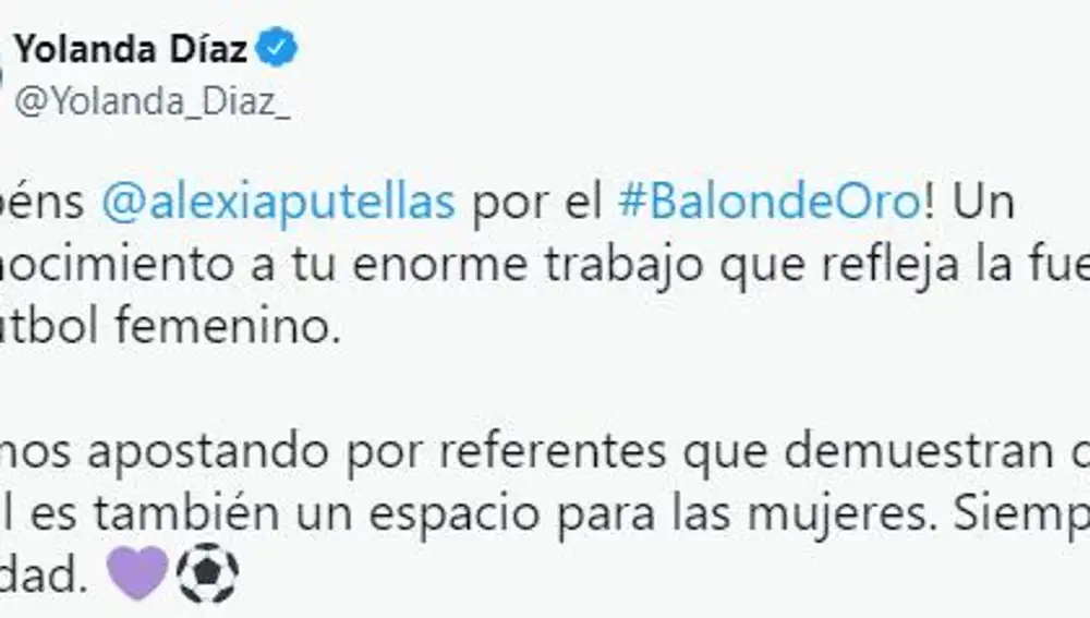 La felicitación de Yolanda Díaz, ministra de Trabajo y Economía Social y vicepresidenta segunda del Gobierno de España