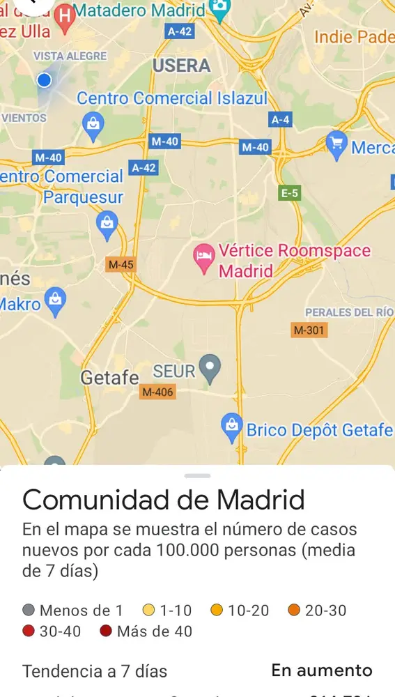 Google Maps te muestra la incidencia de casos por cada cien mil habitantes.