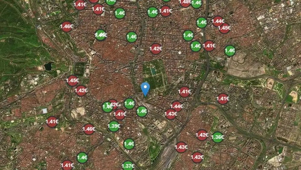 Mapa con las gasolineras más baratas de Madrid, según Geoportalgasolineras , del Ministerio de Industria, Energía y Turismo.