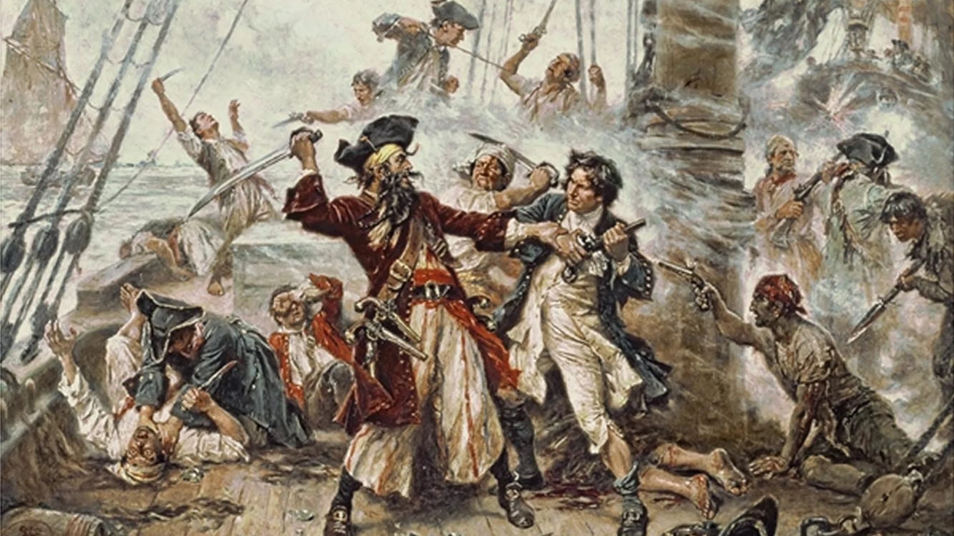 Barbanegra luchando contra el teniente Maynard en el apogeo de la Edad de Oro de la piratería