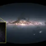 Imagen que muestra nuestra galaxia (la Vía Láctea) y, en un lateral de la imagen, rodeado por unas líneas amarillas, la galaxia satélite de Leo I.