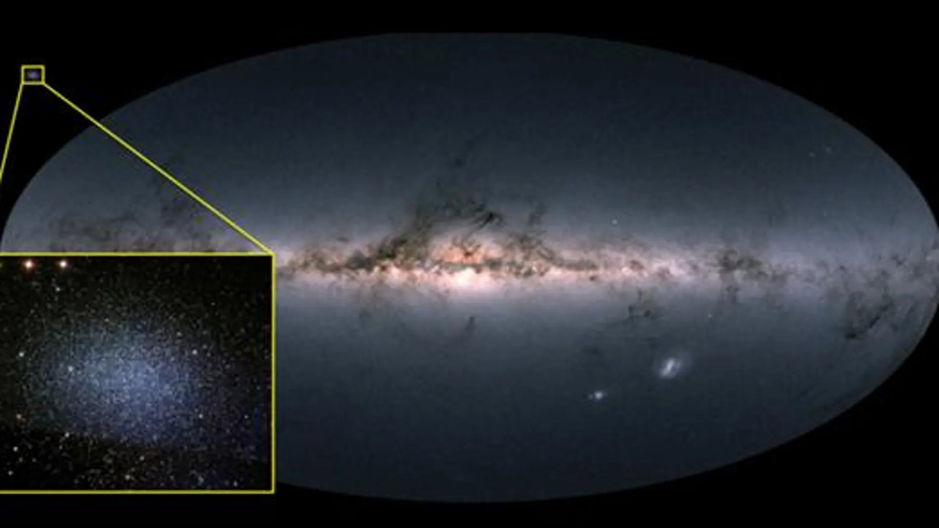 Imagen que muestra nuestra galaxia (la Vía Láctea) y, en un lateral de la imagen, rodeado por unas líneas amarillas, la galaxia satélite de Leo I.