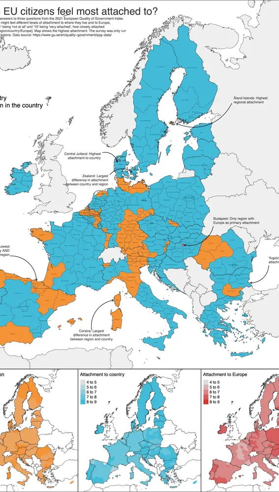 ¿A qué se sienten más apegados los europeos, a su región, a su país o a Europa? | Fuente: Universidad de Gotemburgo