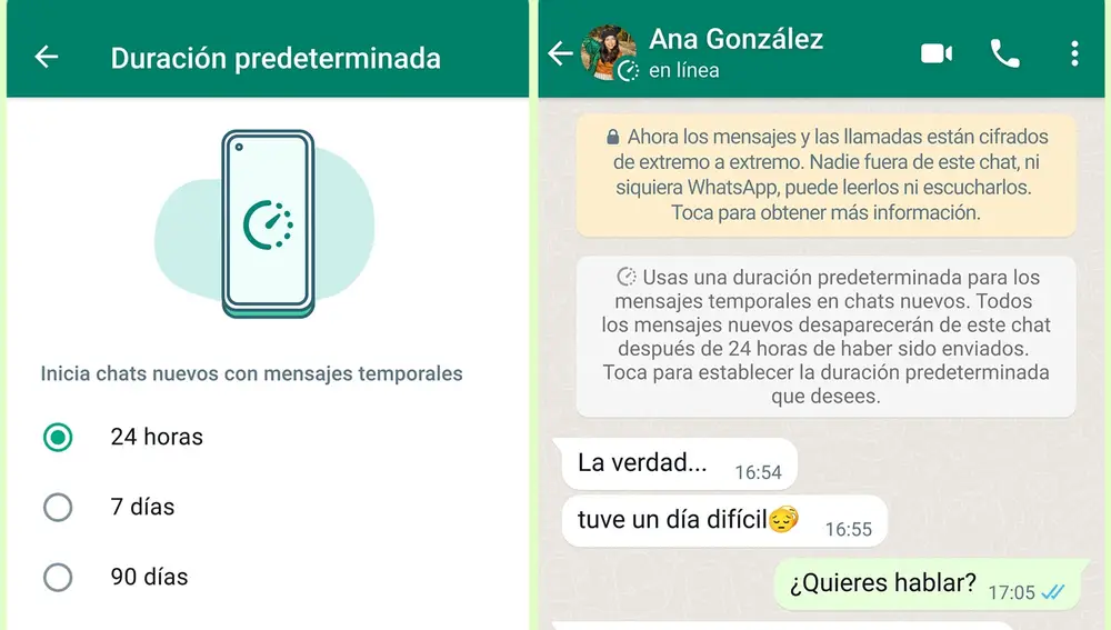 Nuevas opciones en los mensajes temporales de WhatsApp | Fuente: WHATSAPP