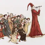 Dibujo del flautista de Hamelín seguido por los niños.