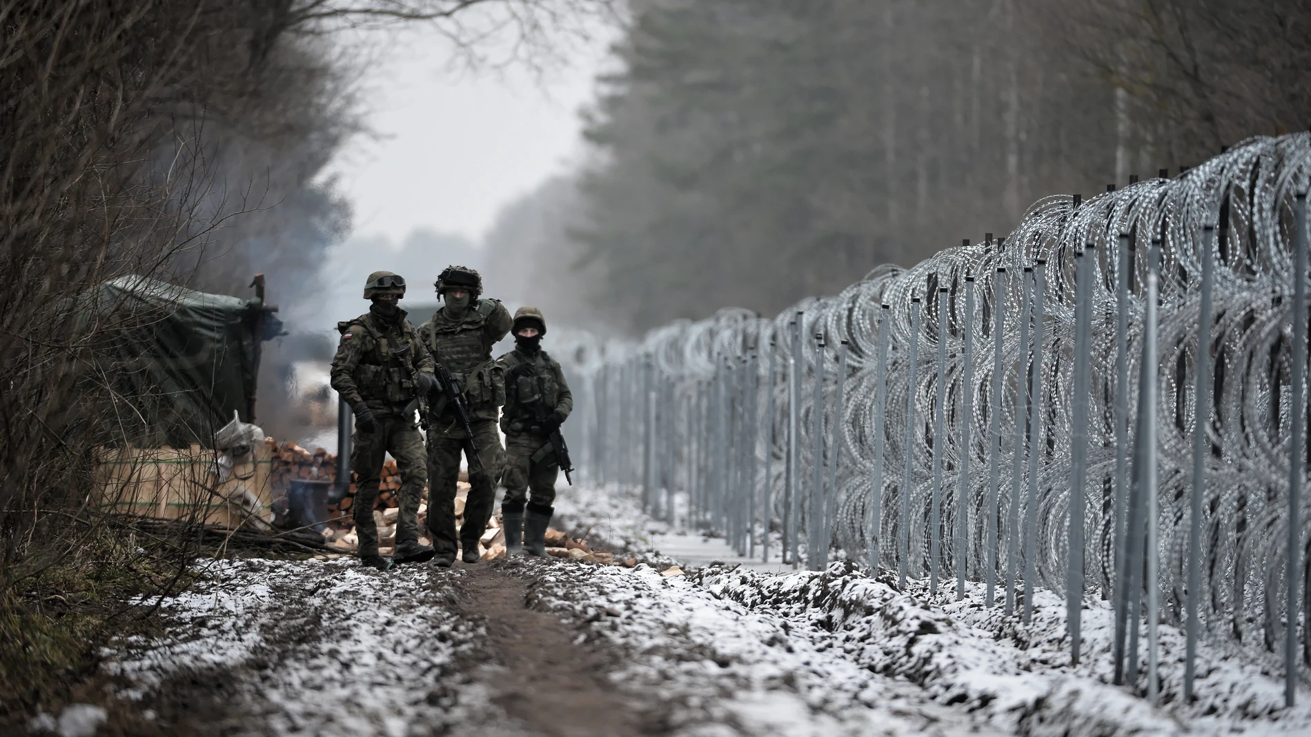 Soldados polacos patrullan en la frontera entre Polonia y Bielorrusia.