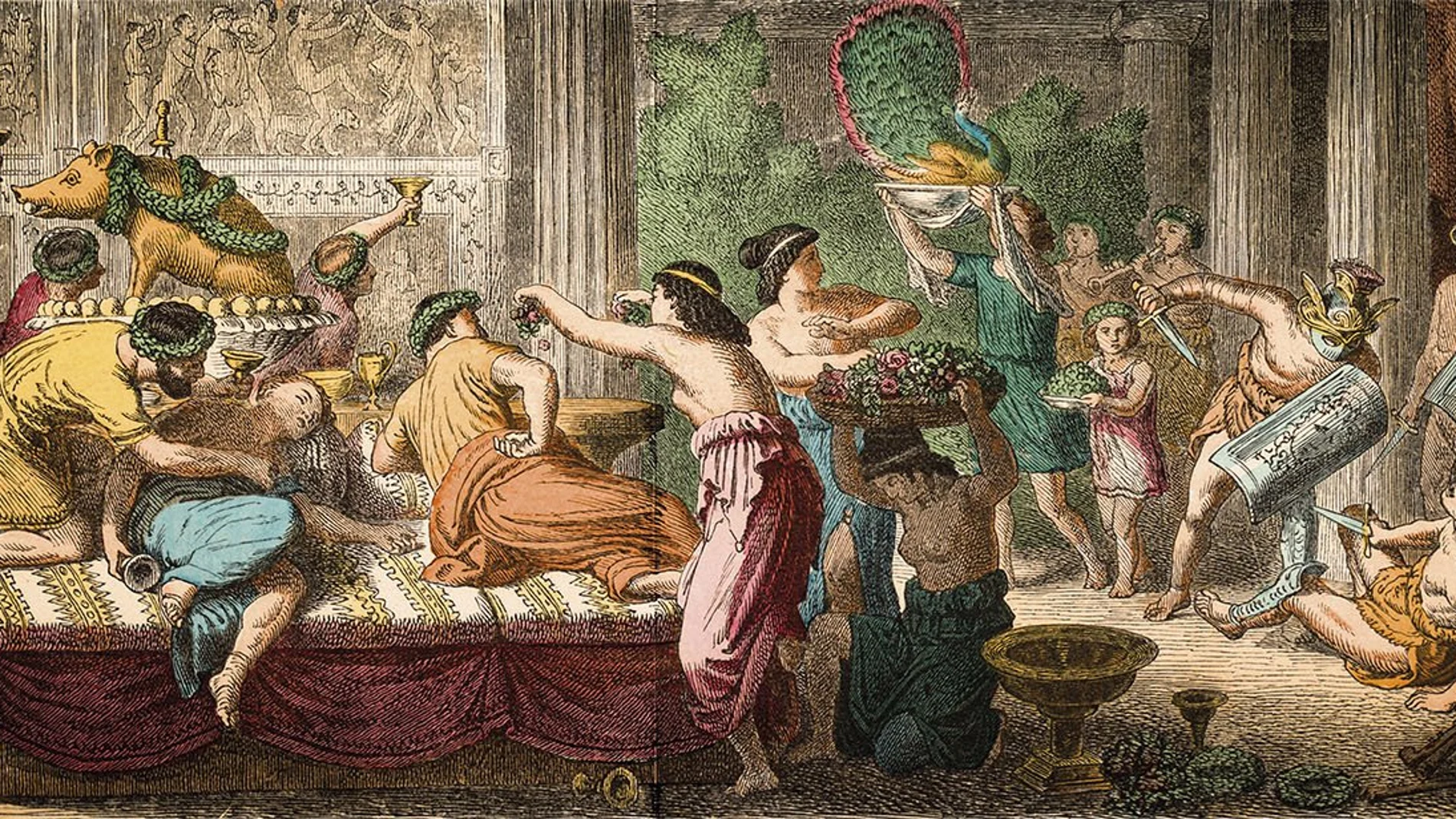 Grabado que refleja un excesivo banquete en la época romana