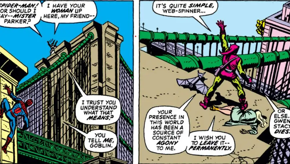 El Duende Verde lleva a Gwen Stacy al puente de George Washington. Amazing Spiderman nº 121.