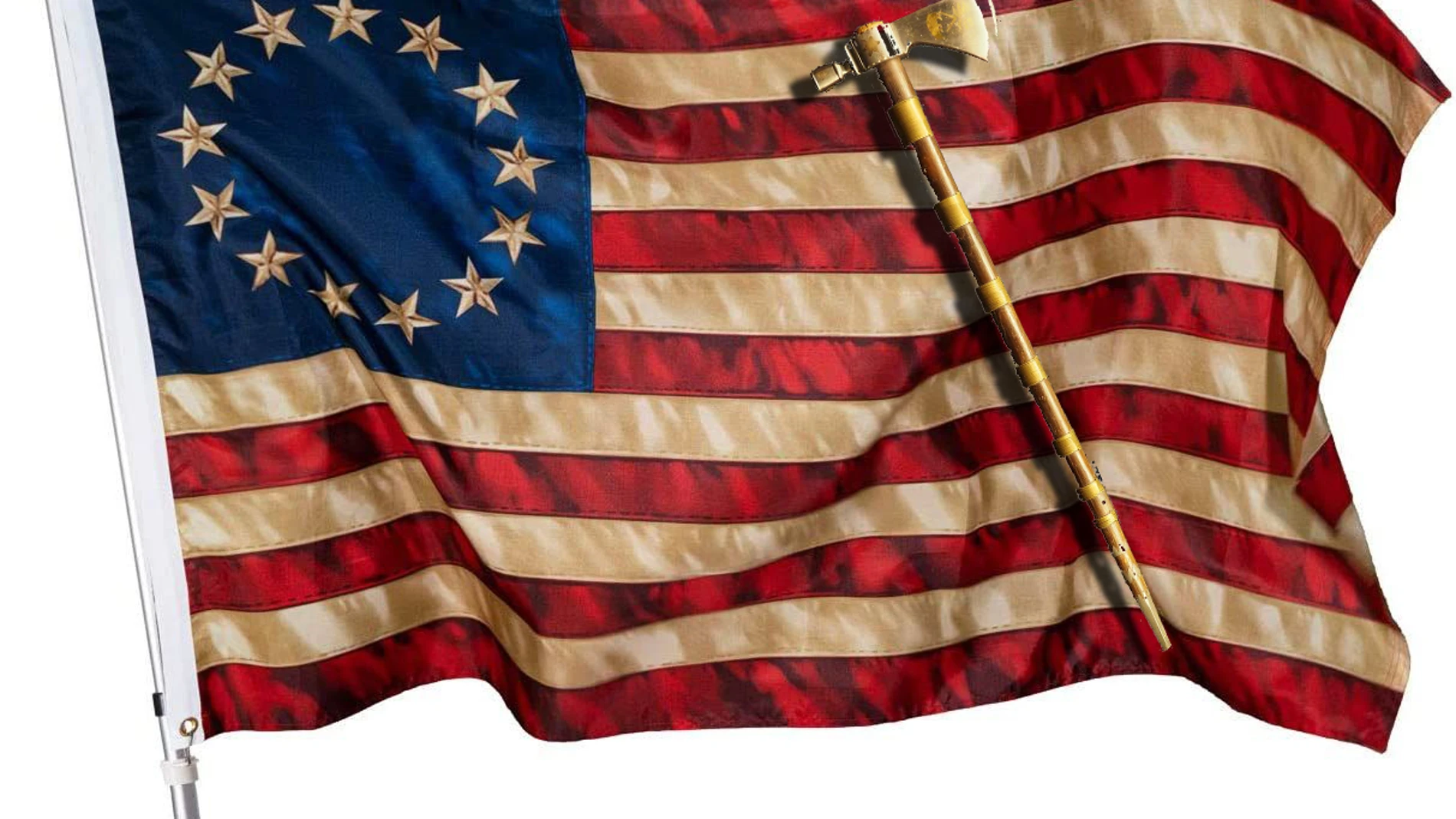 La bandera inicial de los Estados Unidos y un hacha tomahawk