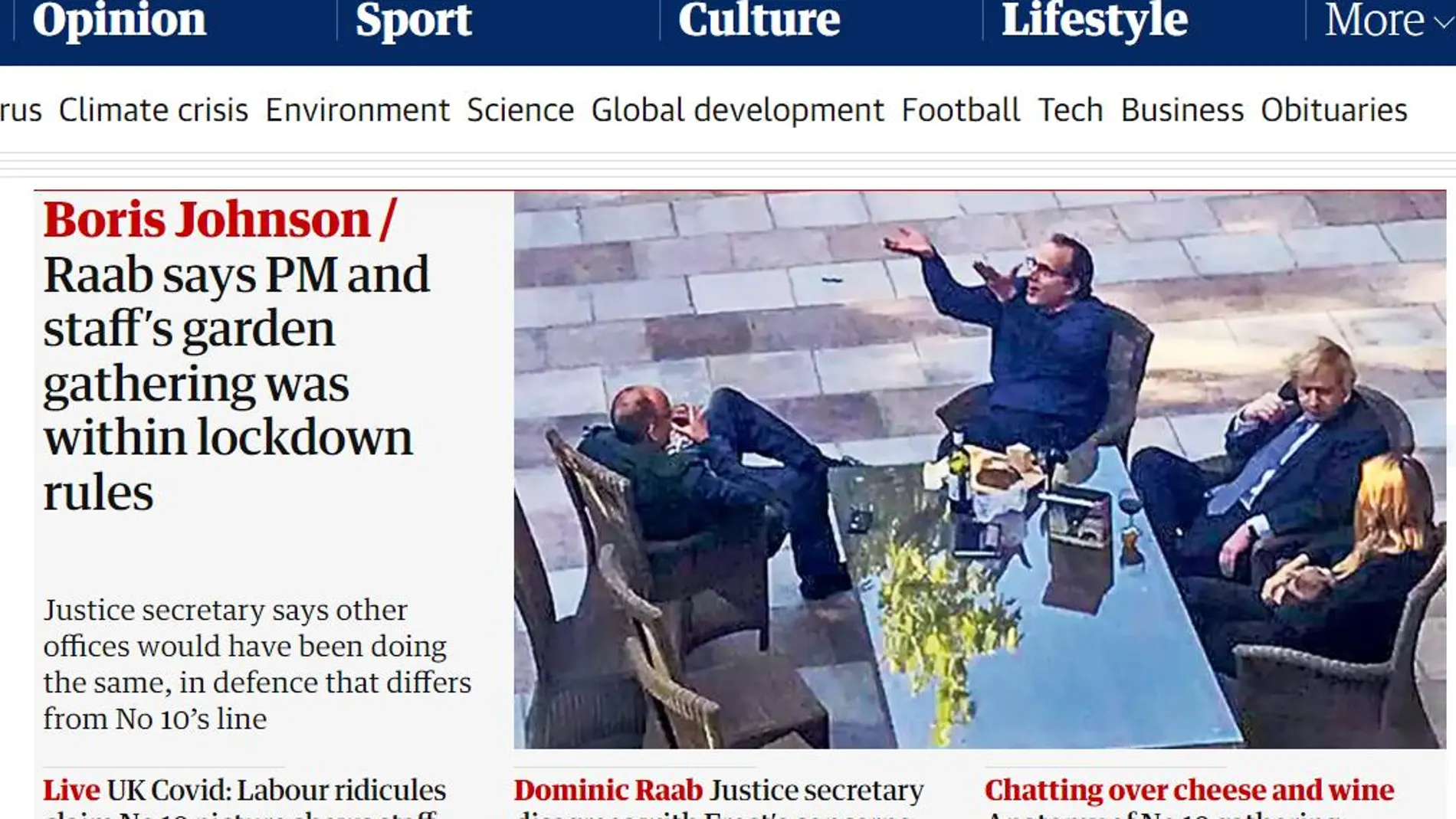 Portada de The Guardian co Boris Johnson bebiendo vino en el jardín con más gente sin mascarilla durante el confinamiento