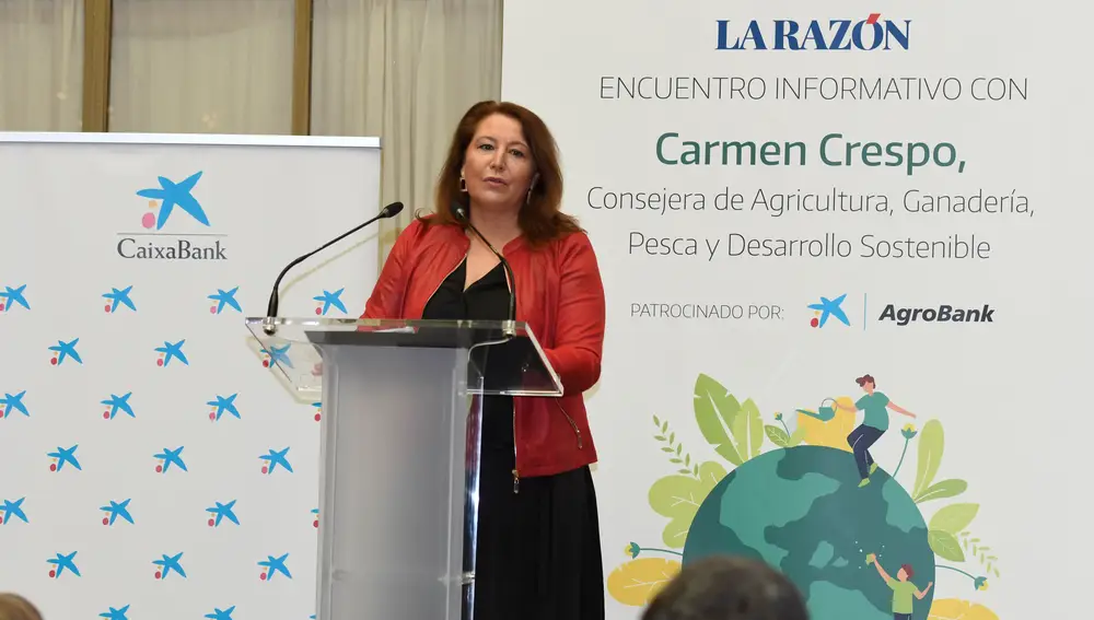 La consejera de Agricultura, Ganadería, Pesca y Desarrollo Sostenible, Carmen Crespo, durante su intervención en el encuentro informativo