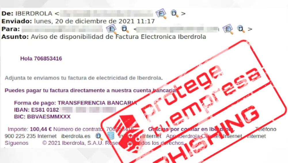 El mail que suplanta a Iberdrola para estafar 100,44 € a las víctimas.